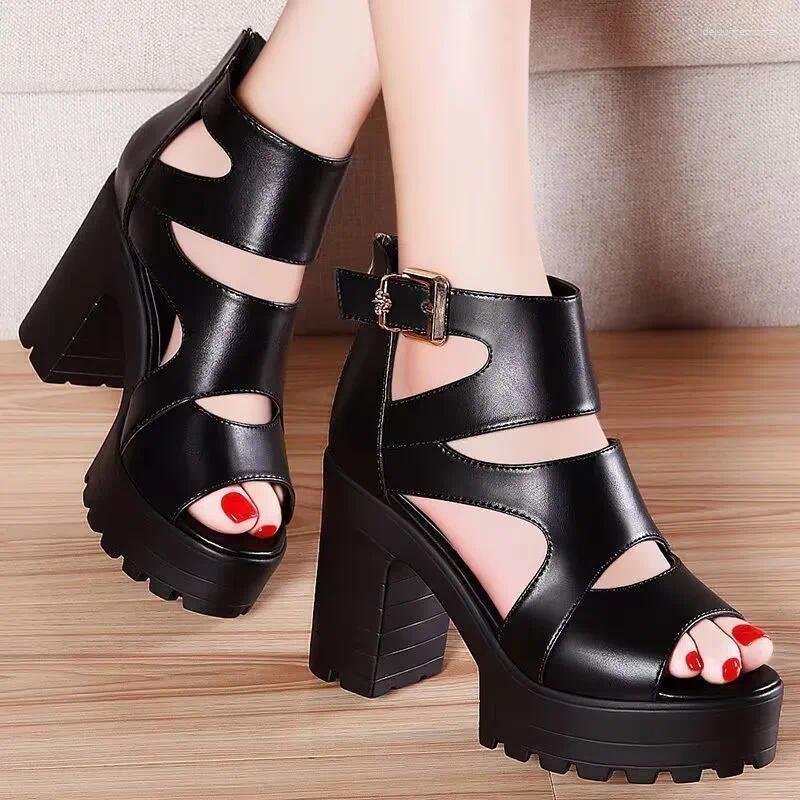 Dress Shoes 2024 Summer Hollow Fish Mouth Roman Women Sandals Thick Heel Platform Female Cool Boots Fashion Ladies High Heels Pumps
