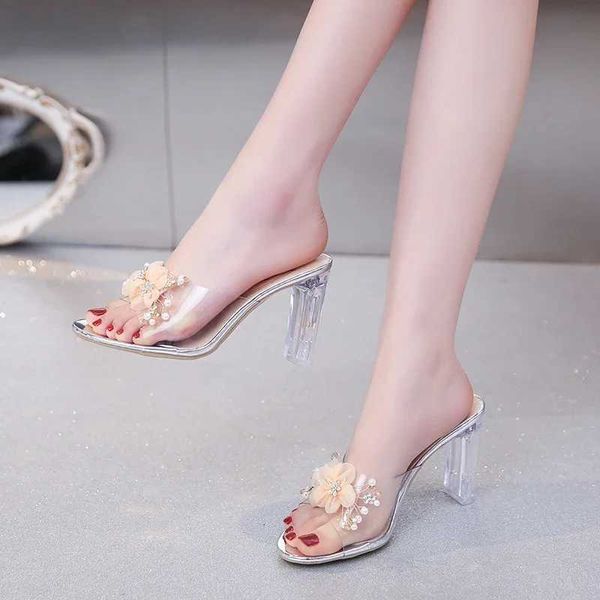 Zapatos de vestir 2024 Summer NUEVA Moda Slips Sporters Outwears Round Toe Open Flower Water Diamond Fairy Style tacones altos cómodos H240516
