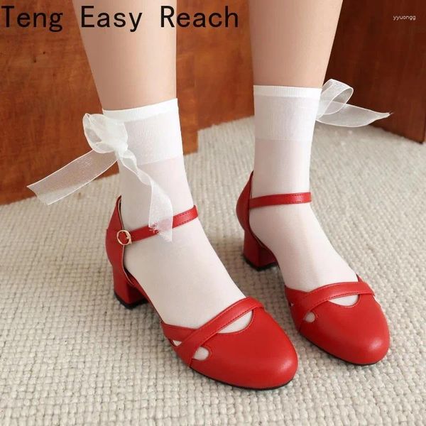 Chaussures habillées 2024 Été Red Black Mary Jane Jane Fashion Round Toe Talons Chunky Talons Shallow Princess Cosplay Lolita