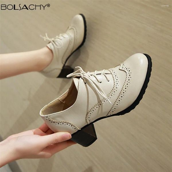 Zapatos de vestir 2024 Vintage Brogue Mujeres Bombas Lace Up Cut Out Oxford PU Cuero Chunky Tacones altos Lady Chaussure Calzado 34-43