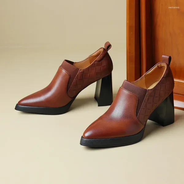 Robe chaussures 2024 femmes pompes en cuir naturel 22-25cm lavé peau de vache peau de porc talon épais plaid gaufrage vintage