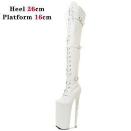 Zapatos de vestir 26 cm Botas de muslo de tacón súper alto Mujeres sexy Pole Dance Stripper Plataforma sobre la rodilla Zip Entrepierna H24032183WROHC9