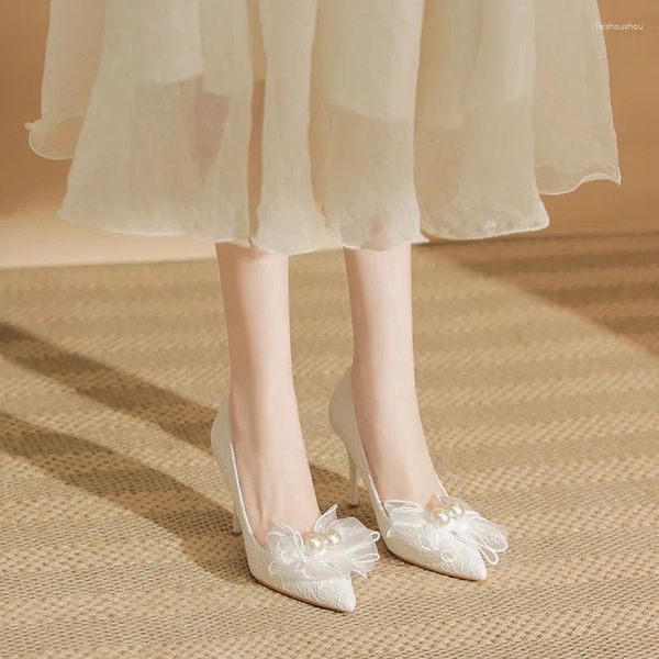 Zapatos de vestir 31-43 2024 Tacones altos Mujer Tacón de aguja Elegante Boda Novia Tamaño grande Blanco