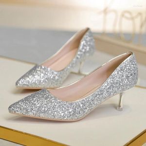 Jurk Schoenen 5/7 Cm Glitter Pompen Vrouw Zilveren Hoge Hakken Stiletto Dikke Hakken Bruiden Bruiloft Dames Office Party Pailletten