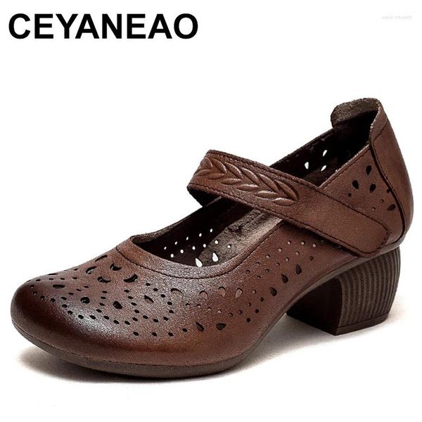 Zapatos de vestir 5 cm de bombas étnicas retro huecas genuinas sandalias casuales cómodas verano gancho transpirable hembras gruesas niñas