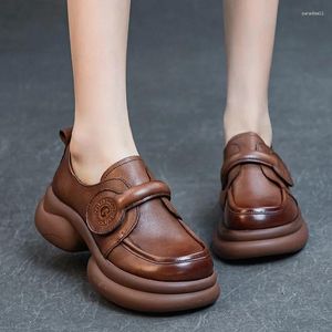 Kledingschoenen 6 cm echt leer Retro etnische ondiepe Mary Jane luxe koe dames platform wig zomer ronde neus haak vrouwen