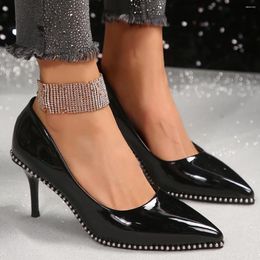 Robe chaussures 7cm / 9cm noir sexy talon haut stiletto bout pointu en cuir verni unique femme fête passerelle plate-forme dames pompes 2024