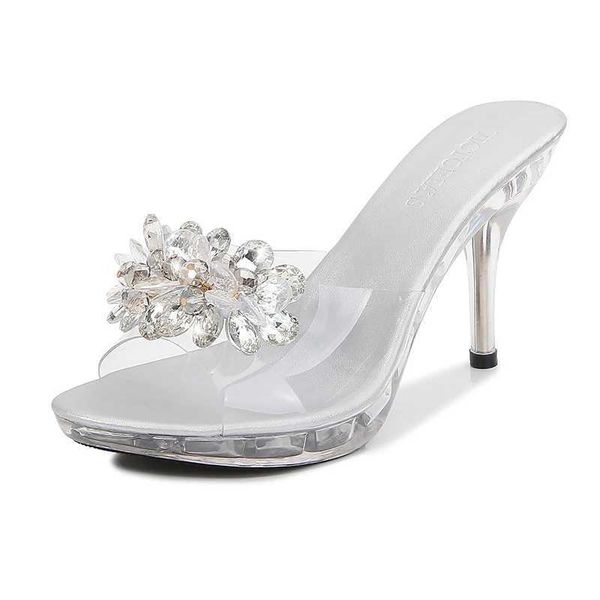 Zapatos de vestir 9 cm zapatillas de cristal fino tacón alto transparente sandalias de verano mujeres sexy cómodo con cuentas playa mujer plata H240321H2ETT6ZC