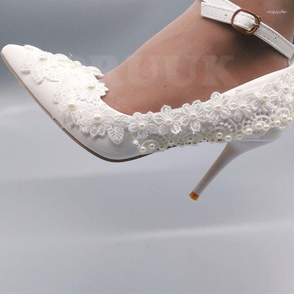 Zapatos de vestir 9cm Tacones altos finos Flor de encaje blanco Boda Novia Hecho a mano Dulce Tobillo Hebilla Correas Novias Bombas