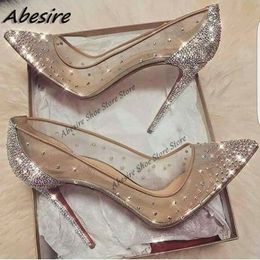 Chaussures habillées Abesire Crystal Pumps Shallow Crystal Stilettos Solid Pumps Beige High Heels Femme Printemps Chaussures Fashion Party Sexy Big Size 230320