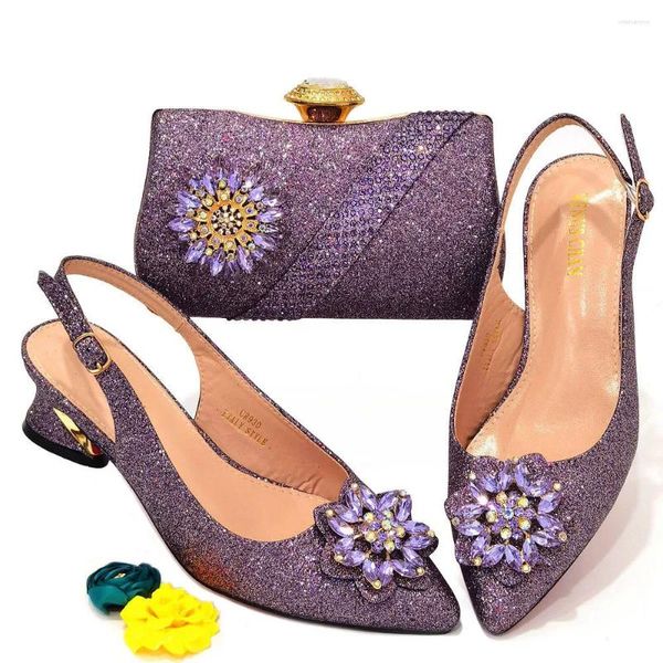 Zapatos de vestir Africano Venta Especial Crysral Decoración Estilo Italiano Diseño Color Púrpura Elegante Mujeres y Bolsa Set para fiesta