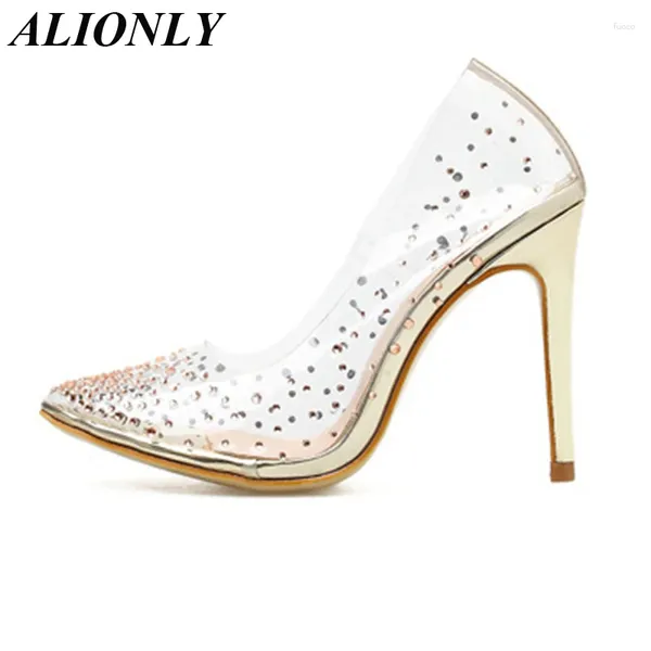 Zapatos de vestir sandalias de diamantes de imitación doradas Alionly PVC Transparente para Wome 2024 Bombas de verano Tallones de tacones de fiesta Boda