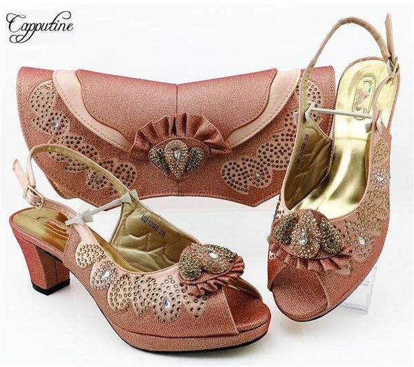 Zapatos de vestir Sandalias y bolso de mano para mujer con tacón de melocotón increíble para boda/fiesta MM1098, altura 6,5 cm