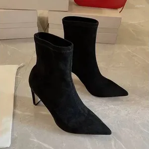 Zapatos de vestir Botas elásticas de tacón alto americano Gamuza Diseñador Marca Corta Mujer Puntiaguda Gruesa Versátil