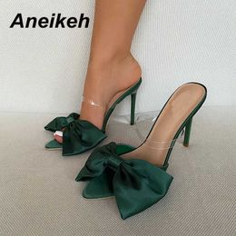 Kleding schoenen aneikeh nieuwe zomer beknopte zijden vlinder-knoop stiletto muilezels damespompen 2023 sexy puntige teen slingbacks dames feestschoenen g230130