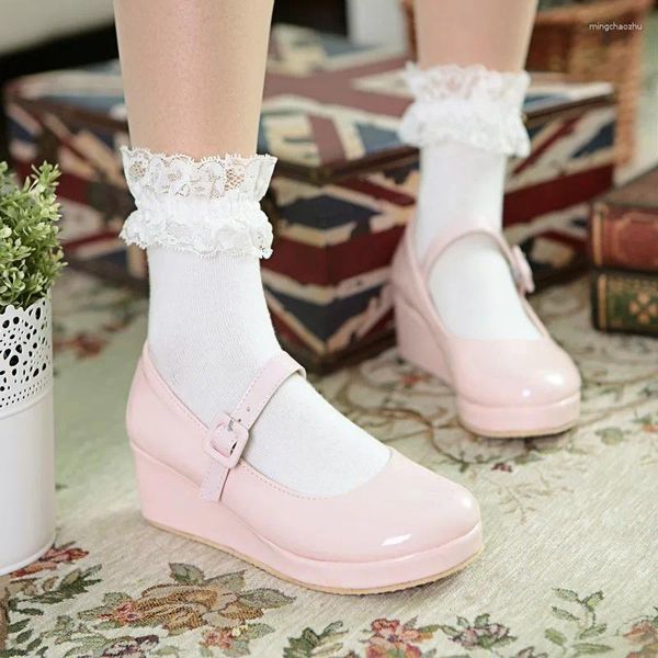 Zapatos de vestir Anime Cosplay Sweet Lolita Cabeza redonda Muffin Tacón Mujer Bowknot Kawaii Loli Cos Cuña Femenina Pu Calzado de mujer