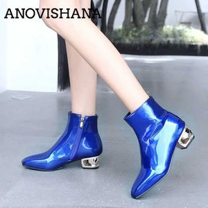 Chaussures habillées ANOVISHANA grande taille 44 45 mode femme bottes talons bas automne hiver chaussures en cuir verni Sexy cheville fête Bota grand 32 33 48L231228