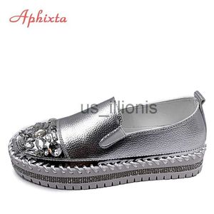 Chaussures habillées Aphixta Cristaux Bout Rond En Cuir Chaussures Plates Femmes Argent Bling Mocassins Couple Plate-Forme Chaussures Femme Plat Avec bosses Taille 43 J230727