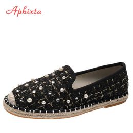 Kleding schoenen afhixta dames schoenen schoenen parel visser platte hiel ondiepe bling loafers rond teen riet stoffen flats casual dames schoenen g230130