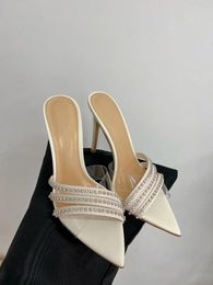 Aankomst van kledingschoenen Echte lederen dames sandalen - Hoge hakken met strass 10 cm open teenglaasjes metalen lock slipper ontwerppompen