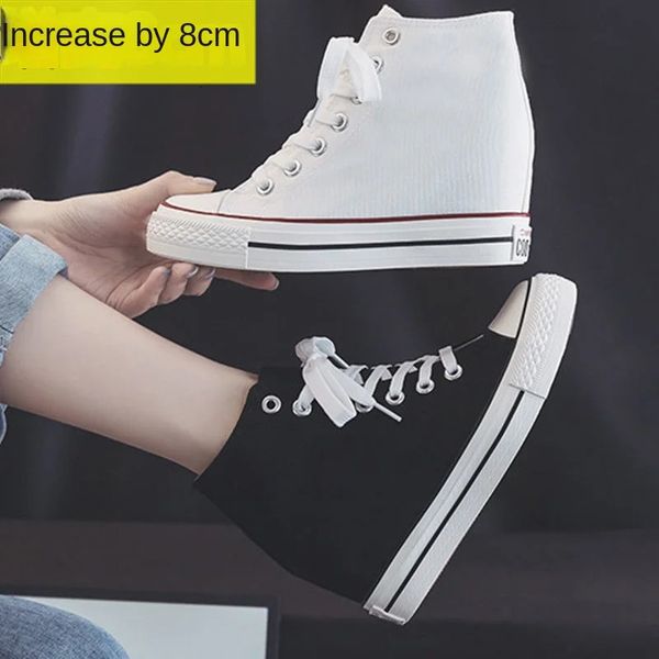 Zapatos de vestir Llegada Mujeres 8 cm Tacón oculto Plataforma Cuña Lona Al aire libre Blanco Negro Moda Chicas Sneaker A68 231201