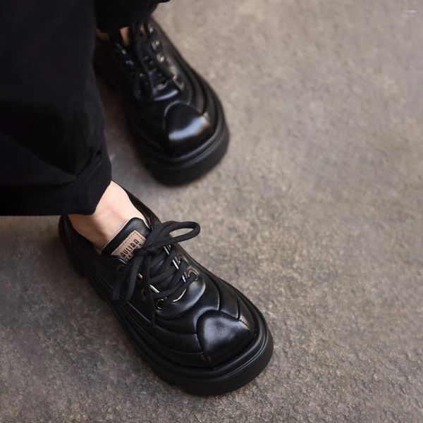 Zapatos de vestir Artmu Moda Plataforma plana para mujeres Cuero genuino Lace Up 5 cm Tacón grueso Diseñadores de lujo 2023 Damas