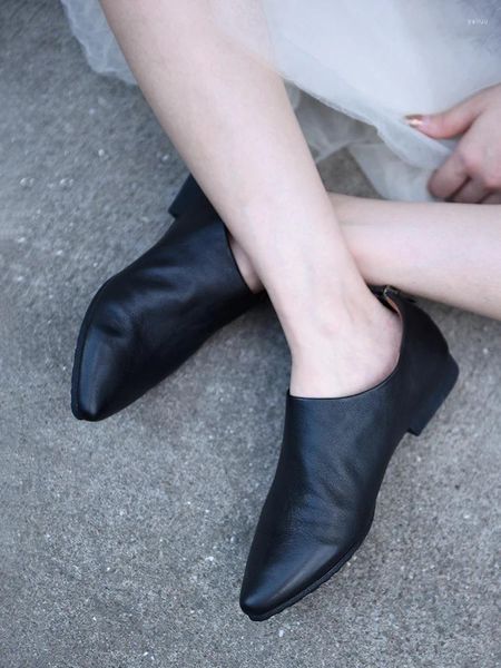 Zapatos de vestir Artmu Cuero genuino Punta puntiaguda para mujeres Tacón bajo Slip en Soft Back Zip Black Work Luxury Ladies Original