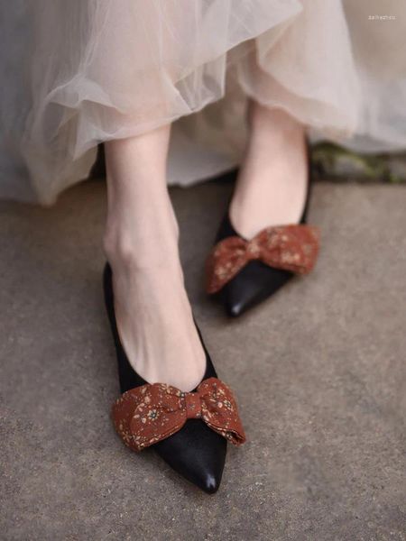 Zapatos de vestir Artmu Style Style Chino Bow Shoe Pointed Toe Cuero de cuero genuino Femenino Hecho a mano con tacones gruesos Mary Jane