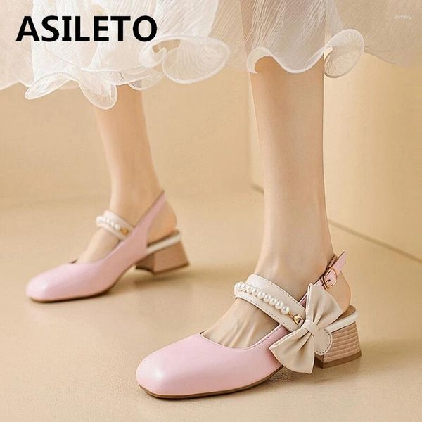 Chaussures habillées Asileto 2024 Sweet Bow Pearl Toe Round Femme Sandales 4cm Square Boucle Big Size 30 31 32 33 41 42 43 Étudiant