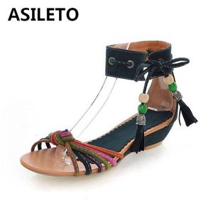 Kleedschoenen Asileto Gladiator Zomer Lage Wedge Sandalen voor vrouwen Roman Fringe Flat Flat Bohemia Beach Beaded Big Size 43