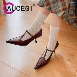 Dress Shoes Aucegi Classic Style Echte lederen dames T-riem pompen sexy pointy teen dunne hoge hakken 2024 modekantoor elegant