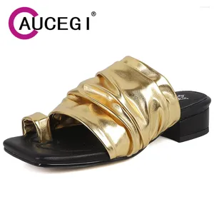 Dress Shoes Aucegi Design Gold Women Slipper Elegant Clip Square teen Lage hakken Sandaal geplooide hoogwaardige slip op kantoor