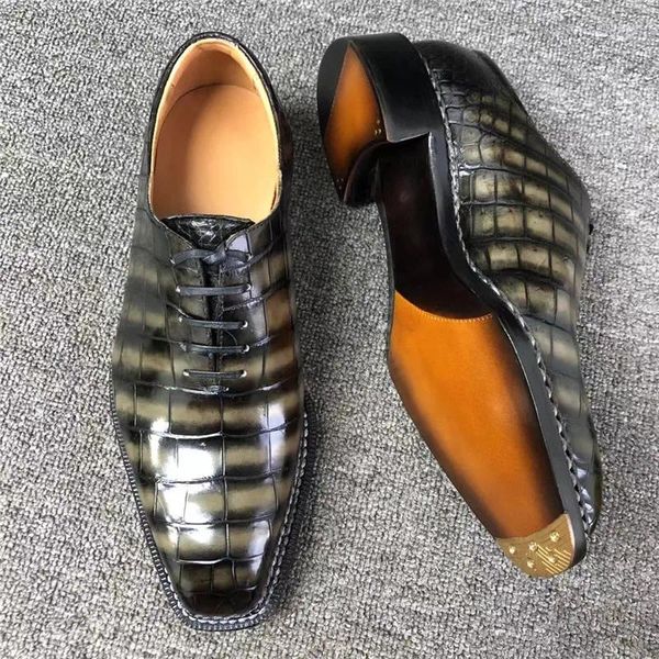 Zapatos de vestir auténticos verdaderos de cocodrilo Cocodile Birly Hombres genuinos exóticos cocodrilo de cuero de cuero hecho a mano color gris oxfords masculinos