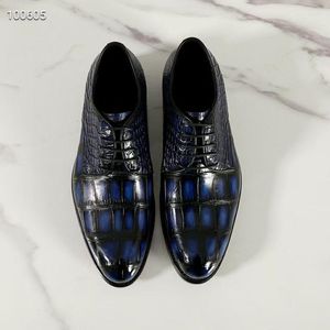 Chaussures habillées authentique peau de crocodile véritable Goodyear artisanat bleu foncé hommes véritable cuir d'alligator mâle à lacets fête Oxfords