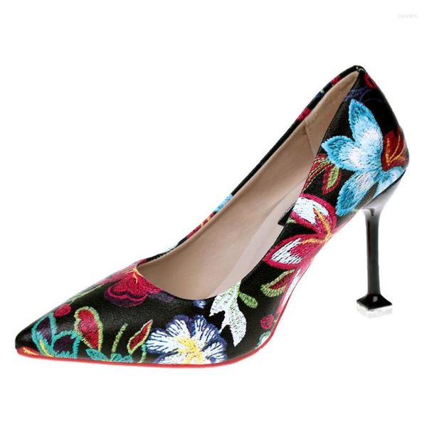 Chaussures habillées automne haute 9 CM talons femmes pompes noir blanc mode Floral peu profonde chaussure de mariage dames bout pointu fête femme