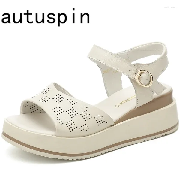 Zapatos de vestir Autuspin 2024 Sandalias de verano para mujer Conciso Madura Hembra Casual Tobillo Correa Sandalia Trabajo Plataforma de cuña Cuero genuino