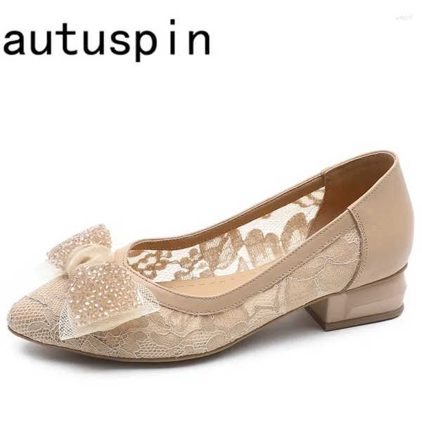 Chaussures habillées Audispin 3,5 cm Fashion Femmes en dentelle d'été automne respirant des pompes peu profondes Bureau de dames travaillant en cuir authentique talons épais