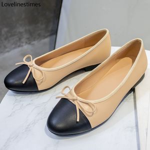 Dress Shoes Ballet Low Heel Woman Basic Two Color Splicing Round Toe Leather Bow Classic Tweed Cloth Work Women Pump 230308