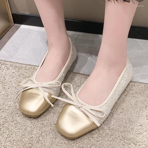 Zapatos de vestir Ballet Tacones bajos Planos para mujer 2023 Costura de dos colores Lazo redondo Bombas de trabajo clásicas de tweed