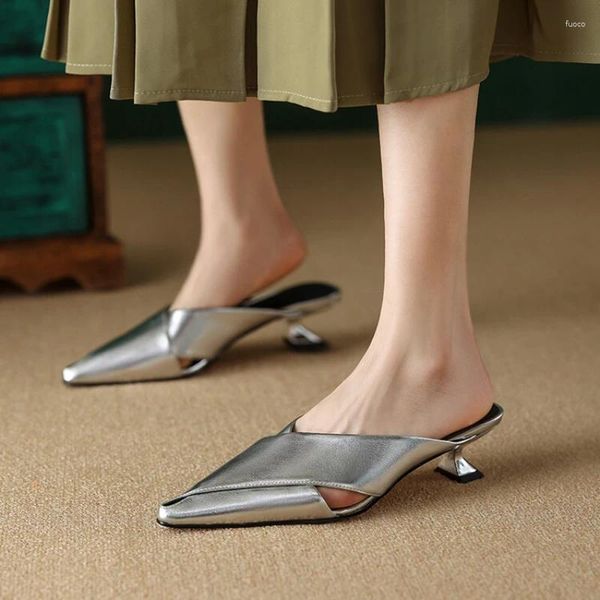 Zapatos de vestir batou media zapatillas femenino verano afuera con tacones altos puntiagudos de plata/stiletto dorado sandalias