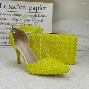 Chaussures habillées baoyafang 9cm à talon mince bracelet de cheville femme jaune perle noue et sacs pointues