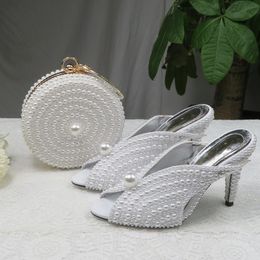 BaoYaFang 9 cm Witte Parel vrouwen bruiloft schoenen en tassen Bruid Hoge hakken dames feestjurk vrouw Open Teen Slingbacks 230506