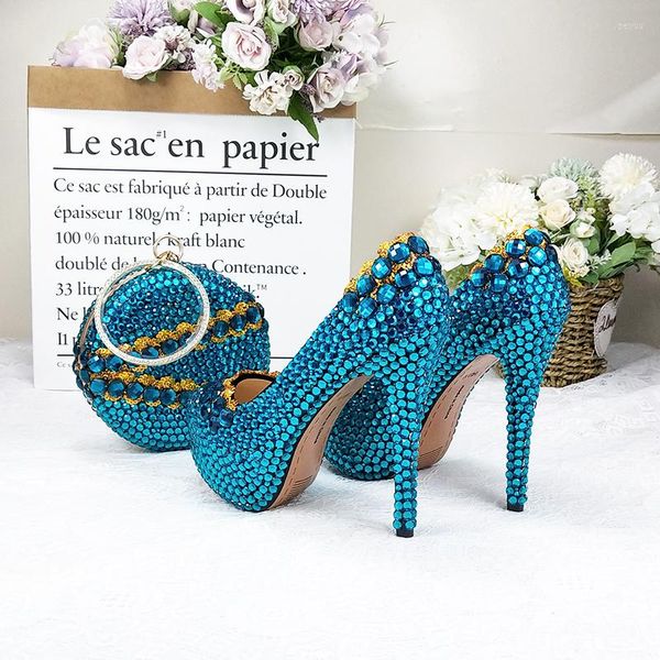 Chaussures habillées BaoYaFang bleu vert cristal femmes mariage avec sacs assortis talons hauts plate-forme et sac à main femme