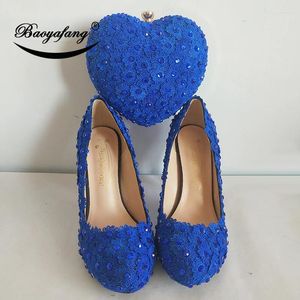 Chaussures habillées Baoyafang Crystal Royal Blue Flower Heart Sac et femme Plateforme de mariée avec sacs assortis Pumps féminins