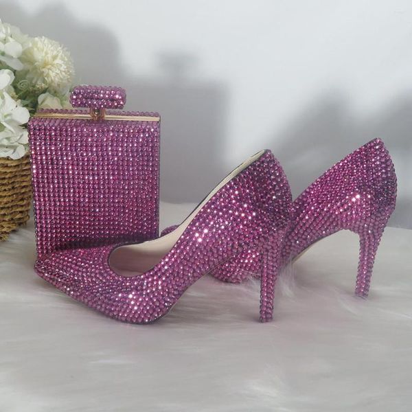 Zapatos de vestir BaoYaFang Cebolla Púrpura Cristal Mujer Boda con bolsos a juego Nupcial Punta estrecha Fiesta Mujer Zapatos de tacón de gran tamaño