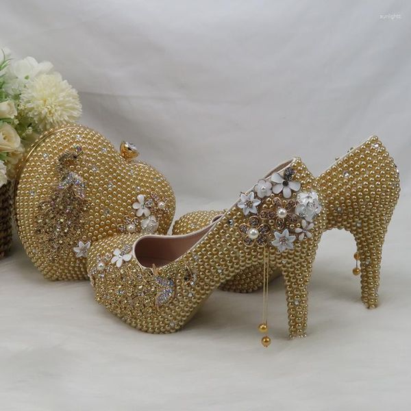 Robe chaussures Baoyafang bout rond champagne perle paon cristal mariée mariage et sac ensemble femmes mode plate-forme à talons hauts