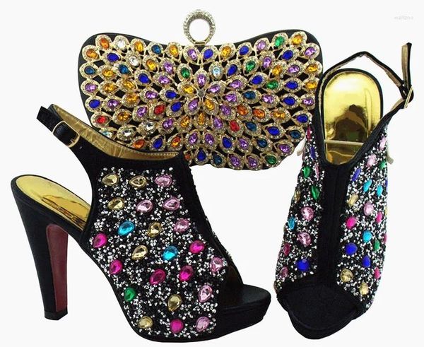 Zapatos de vestir hermosas bombas de mujer negra y bolso con colorido decoración de cristales africano Match Bold para el tacón QSL005 12 cm