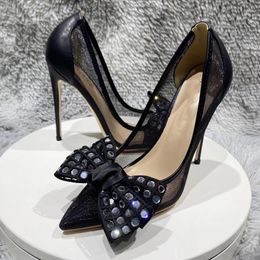 Chaussures habillées belle décoration d'arc 12cm 10cm 8cm haut talon mince bout pointu noir air maille datant sexy dame pompes mystérieuses SJ022