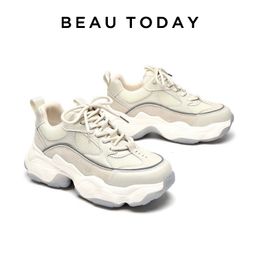 Nette schoenen BEAUTODAY Dames Chunky Sneakers Echt leer Mesh Gemengde kleuren Ronde neus Veterschoenen Dikke zool Dames Ademend 29402 231030