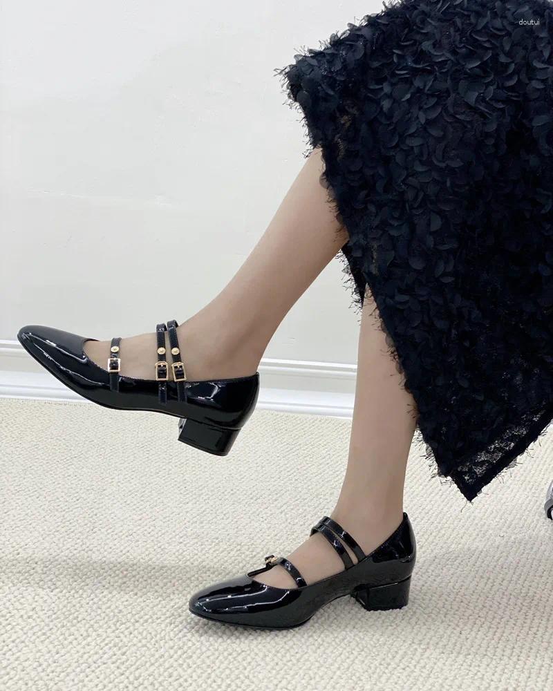 Dress Shoes Belt Buckle Chunky Heels Round Toe Women Solid Sewing Decoration Concise Style Zapatos Para Mujeres Tacones Designer Brand